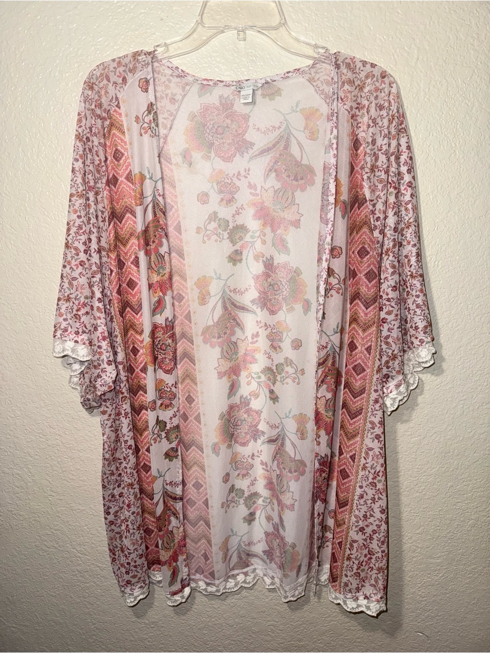 Cato Floral Patchwork Lace Trim Open Front Kimono Cardigan 14/16W Boho
